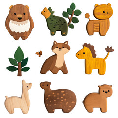 Naklejka premium Wooden animal figures on a transparent background 