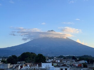 View of Acatenango volcano from Antiqua city in Guatemala 