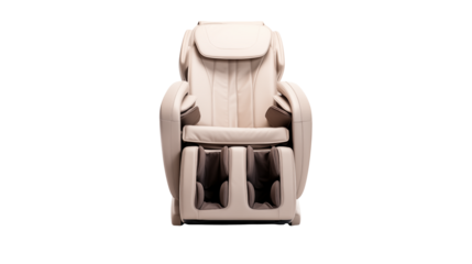 A front view of an isolated beige massage chair with a black background in a studio shot