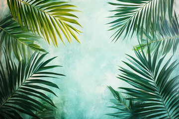 Obraz premium Tropical leaves placed on a vibrant blue background, creating a striking contrast and a visually appealing aesthetic.