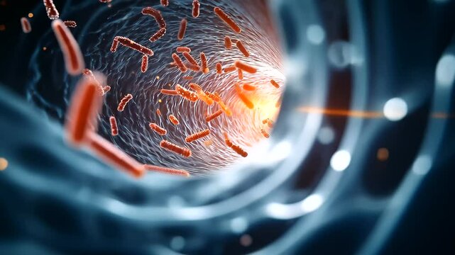 Highly detailed D illustration of beneficial gut microbes forming a protective barrier inside the digestive tract, symbolizing gut health and immunity.