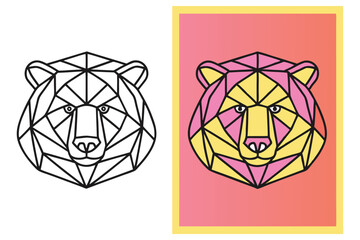 Geometric Bear Head Illustration, Black Outline and Pink Yellow Colored on