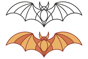Stylized Halloween Bat Duo Outline and Brown Silhouette on Transparent Background