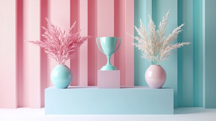 Elegant Trophy Display with Pastel Colors and Stylish Vases