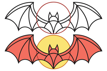 Two Bats with Spread Wings and Circles, Outline Style on White