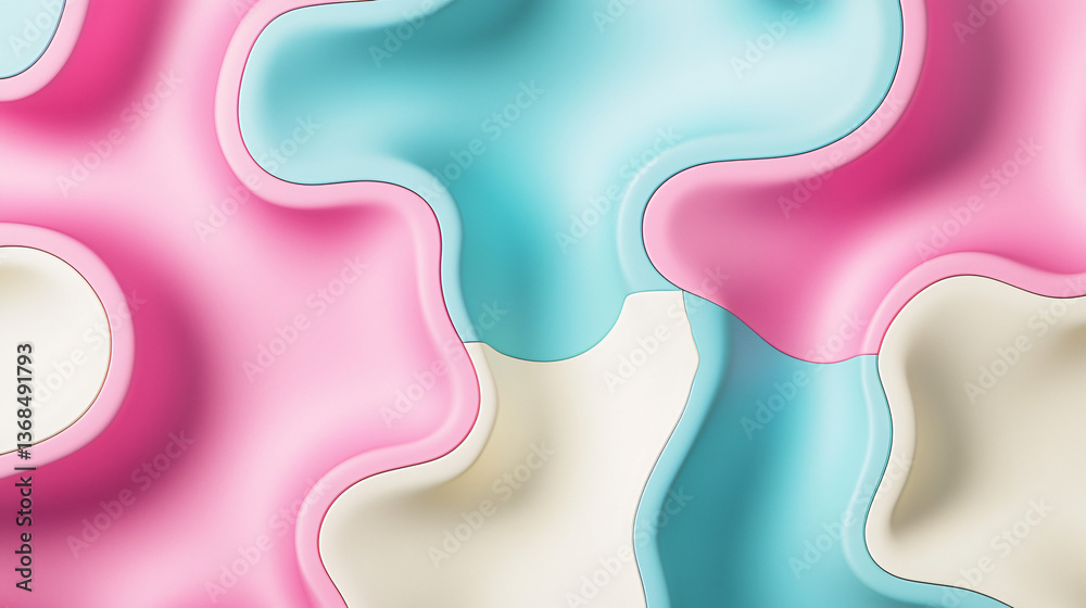 Poster soft pink and blue background featuring jagged edges intersecting with rounded forms creating a uniq