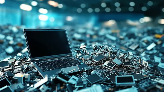 A high-tech recycling center filled with piles of old electronics, where a laptop with missing keys sits precariously on a heap of outdated gadgets.