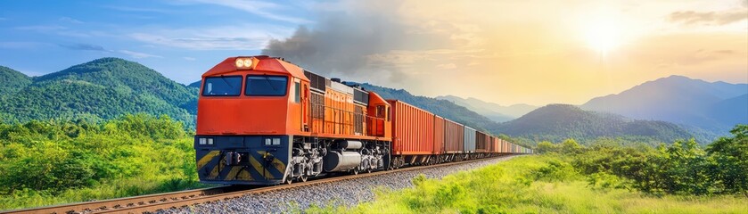 Obraz premium Vibrant train journey across scenic mountain landscape