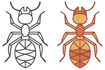 Isolated Cartoon Ants, Outline Style And Colored Style On Transparent Background