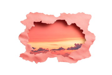 Sunset through a tattered opening, with clouds peeking through, cut out transparent