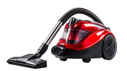 A red and black canister vacuum cleaner with a hose and wand on a black background shot studio
