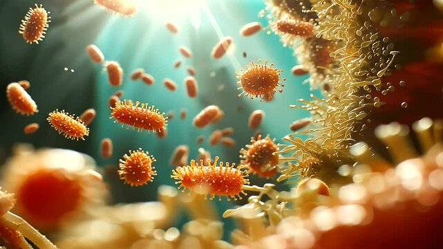 Highly detailed D-rendered image of gut-friendly bacteria forming a thriving ecosystem within the human digestive system.