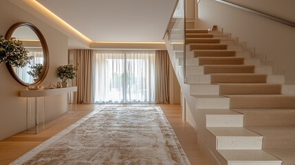 Modern, elegant hallway with stairs and a view