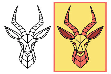 Gazelle Head Geometric Line Art in Black and Red on Yellow Background