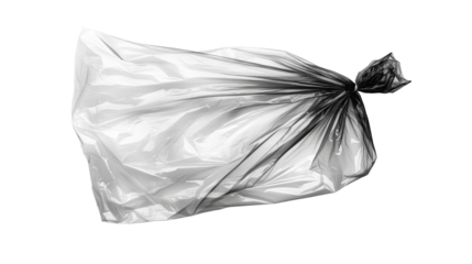 Twisted plastic bag for trash disposal on black background, cut out transparent