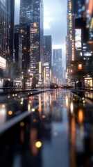 Obraz premium Rainy night in the city with building lights reflecting on a wet street creating a glowing urban landscape