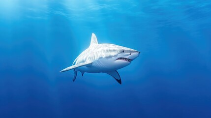 Fototapeta premium White shark in vibrant blue ocean depths. Sunlight beams through water