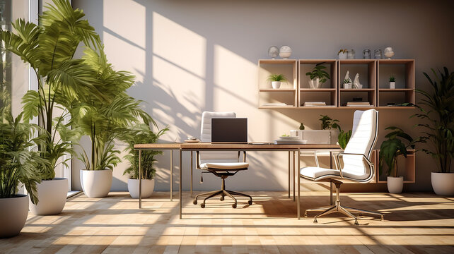 Minimalist office setup with sleek furniture, clean lines, and a clutter free design, perfect for a modern virtual office or Google meeting background.

