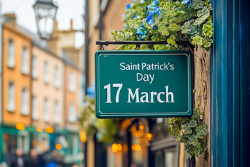 Fototapeta premium Green sign indicating saint patrick's day on 17 march hanging on a building in a dublin street