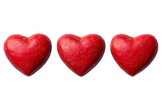 Three red stone hearts lined up in a row, cutout transparent
