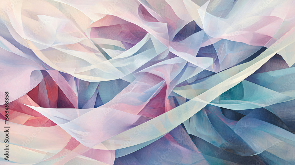 Poster Dynamic painting showcasing a burst of colors in soft fluid abstraction featuring overlapping geometric shapes creating visual harmony.