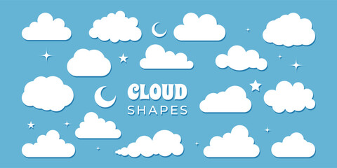 Cartoon cumulus clouds. White heaven fluffy bubbles. Rounded shape. Blue cloudy sky background. Cloudscape flat style. Flying atmospheric evaporation. Meteorology