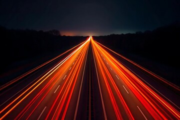 Endless highway streaks of vibrant red and orange light at night, a powerful visual journey symbolizing progress and speed.
