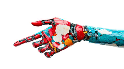 Robotic hand pointing, mechanical construction, vibrant colors, cut out transparent