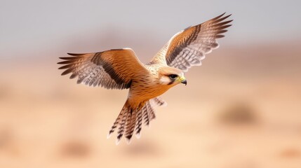 Fototapeta premium Desert falcon in flight. A magnificent raptor soars gracefully over the sandy terrain. Its wings are spread wide, showcasing intricate patterns. 