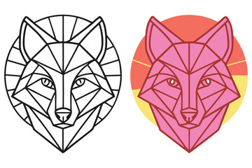 Geometric Fox Head, Linear Outline and Pink Polygon on Color Circle, Isolated