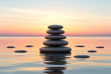 Serene sunset tranquility: a balanced stack of grey stones floats gently on calm water reflecting the soft, pastel sky.