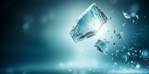 Shards of broken glass suspended in mid-air with a blue glow represent fragility, emotional detachment, and shattered memories.
