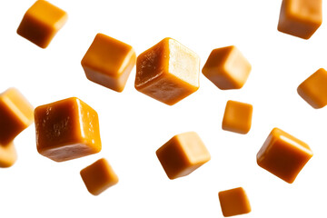 Delicious caramel candies levitating in space on black, cut out transparent