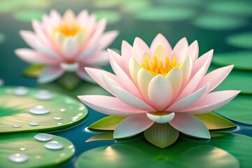 Serene pink water lilies blooming peacefully on a tranquil pond, glistening with morning dew, reflecting soft light.
