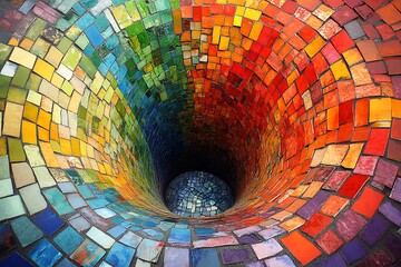 Mosaic funnel with tiny colorful tiles coming together into a unified whole, symbolizing diversity and unity