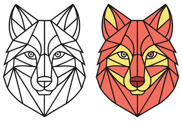 Geometric Wolf Head with Outline and Colored Version, Abstract Animal Design