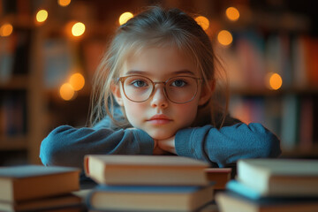Little girl with glasses engrossed in books at the library, surrounded by shelves filled with colorful spines of different genres.