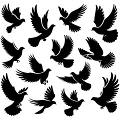 Vector illustration of a set of bird wings in silhouette, featuring eagle, hawk, dove, and falcon designs, symbolizing flight and nature