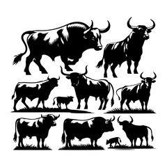 Silhouettes of cows, calf, and various farm animals in a simple vector style