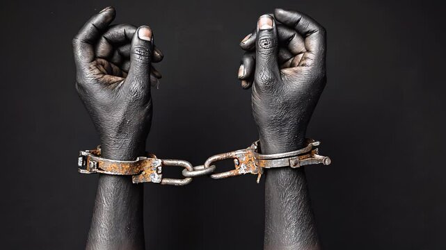 Two raised black hands in rusty shackles against a dark background symbolize oppression, struggle, and the desire for liberation and justice.
