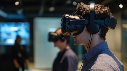 Man wearing virtual reality headset in a modern indoor environment