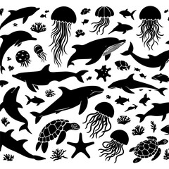 Silhouettes of marine animals such as whales, dolphins, sharks, jellyfish, and sea turtles.
