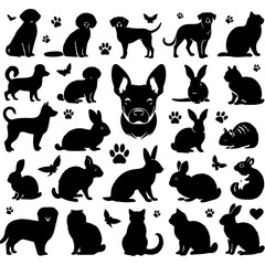 Silhouettes of common pets such as dogs, cats, rabbits, and hamsters