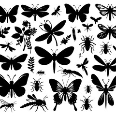 Silhouettes of butterflies, bees, dragonflies, ants, and beetles.