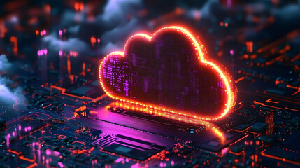 A stylized digital representation of a glowing cloud icon composed of data points sitting on a circuit board, symbolizing cloud computing and data storage solutions