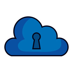 Vector illustration of a blue cloud with a black outlined keyhole in the center, casting a shadow to give a 3D effect, symbolizing cloud security.