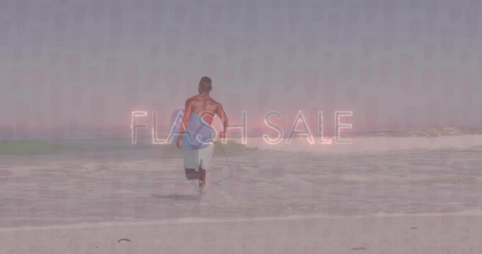 Running into ocean, surfer with animation overlay promoting flash sale