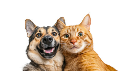 Dog and cat posing together, cute pets close up portrait, cut out transparent