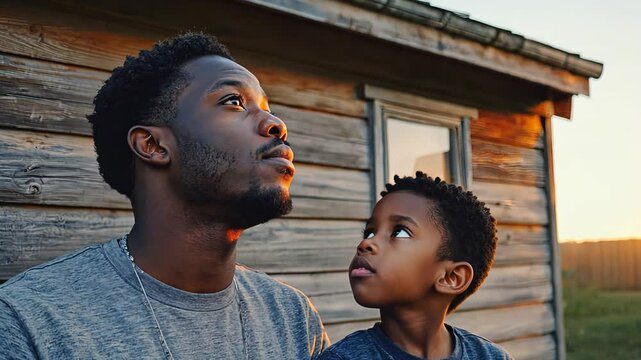 A father and son sit beside a wooden house at sunset, both gazing upward thoughtfully, symbolizing generational hope, reflection, and the future.
