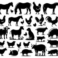 A set of silhouettes featuring cows, horses, chickens, pigs, and sheep